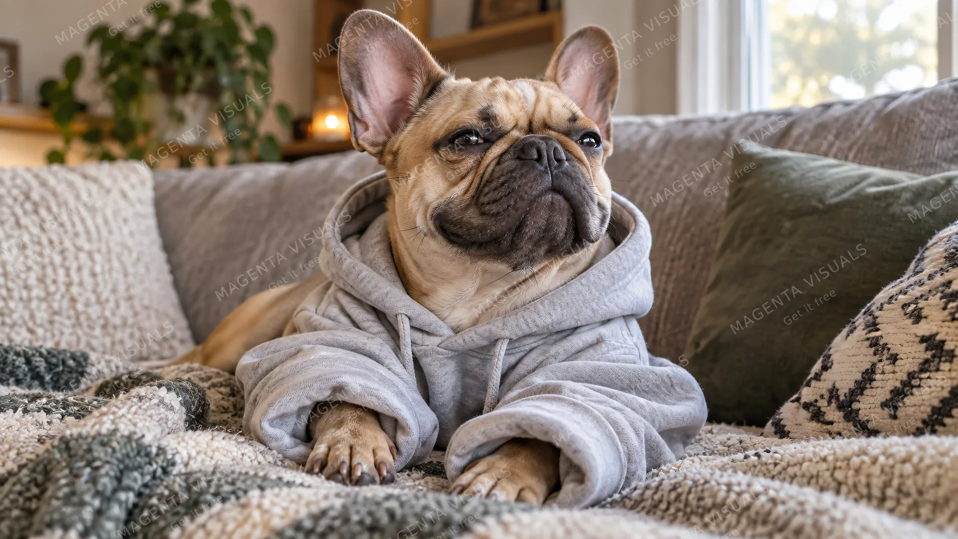 4K 16:9 widescreen desktop wallpaper, cute pet photo, quiet still energy, a fawn French Bulldog in a too-big hoodie on a couch, prominent bat ears, smug expression.