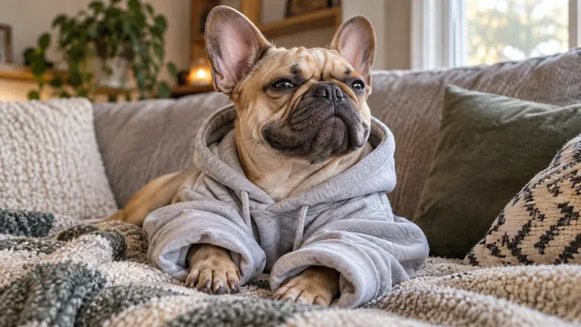 4K 16:9 widescreen desktop wallpaper, cute pet photo, quiet still energy, a fawn French Bulldog in a too-big hoodie on a couch, prominent bat ears, smug expression.