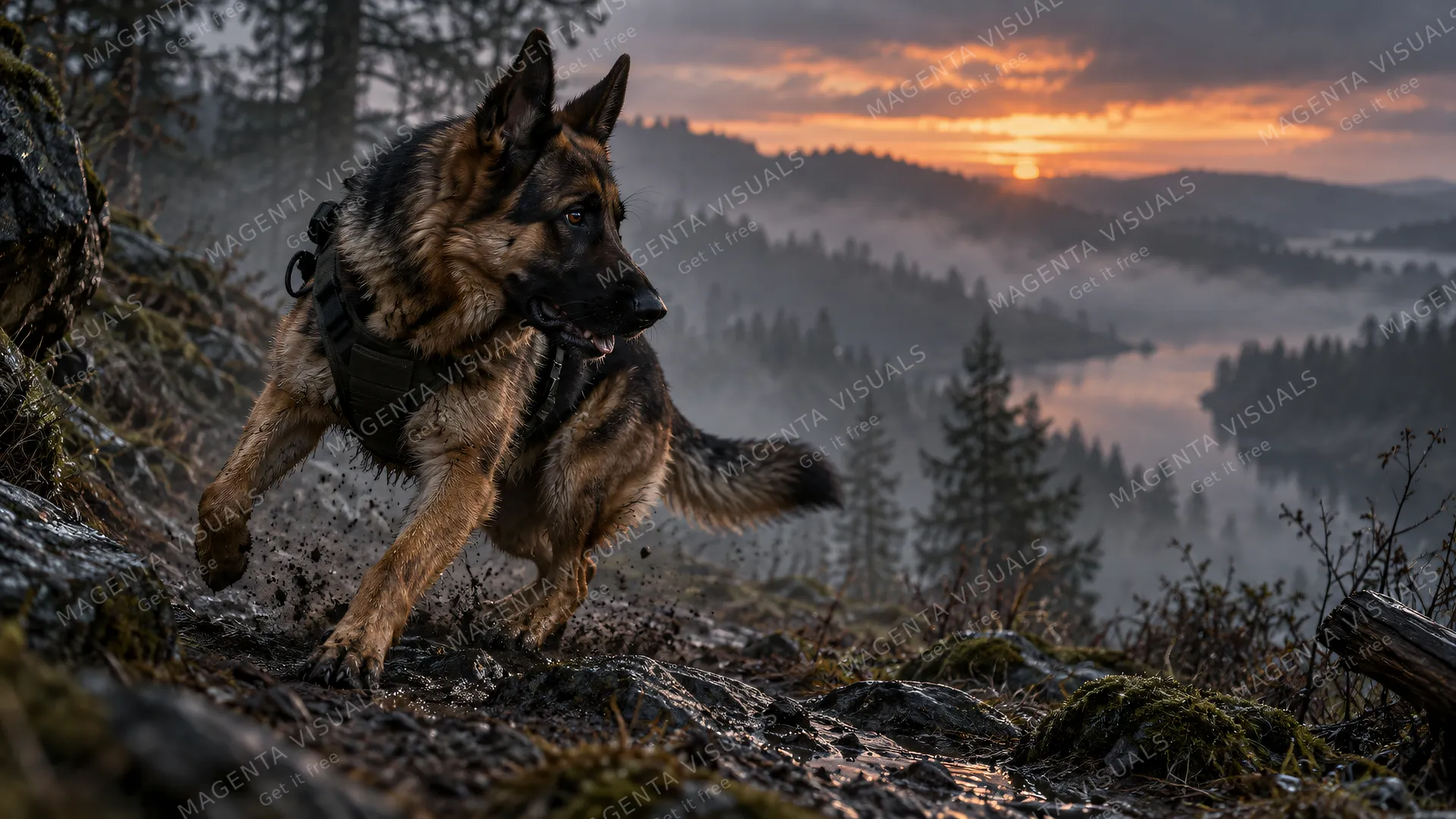 4K 16:9 widescreen desktop wallpaper, cinematic photograph of a German Shepherd in action, working dog mid-turn on a foggy trail, ears locked, cinematic dusk, full-bleed cinematic ph…