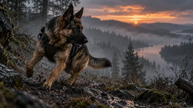 4K 16:9 widescreen desktop wallpaper, cinematic photograph of a German Shepherd in action, working dog mid-turn on a foggy trail, ears locked, cinematic dusk, full-bleed cinematic ph…