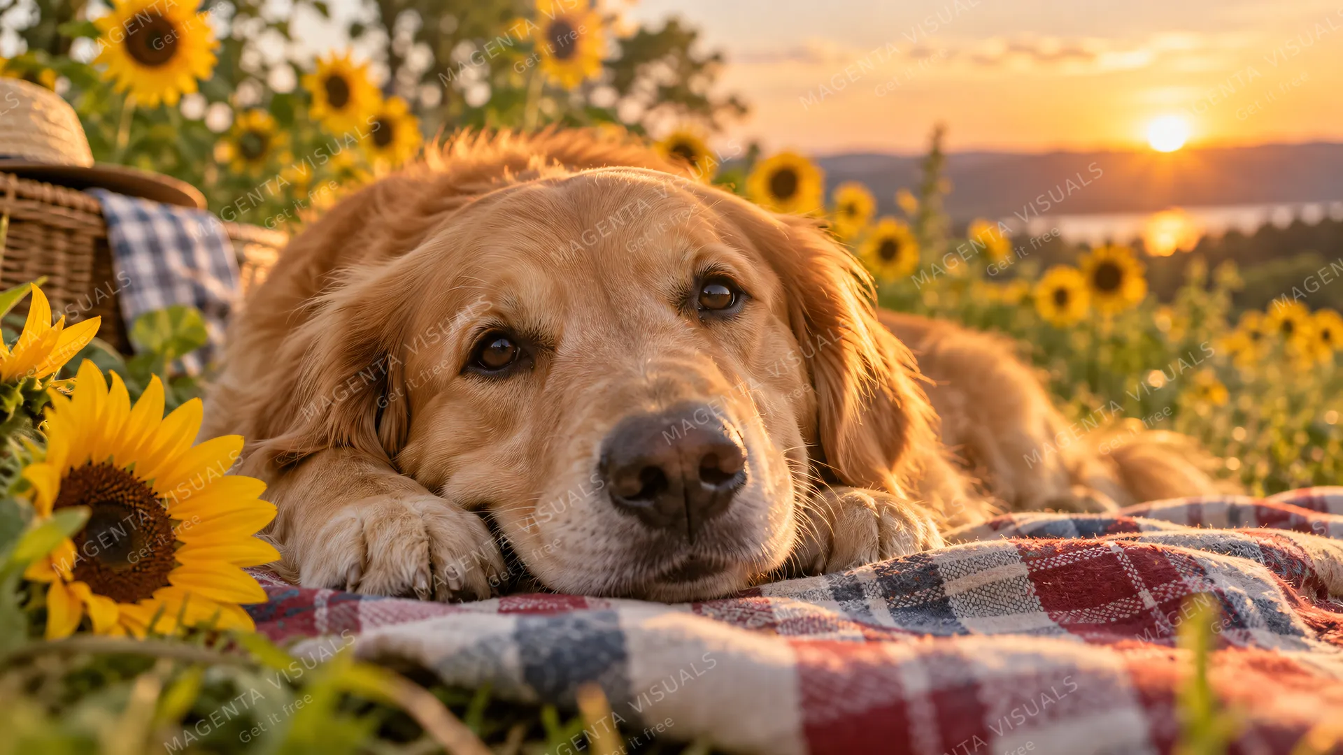 4K 16:9 widescreen desktop wallpaper, cute pet photo, quietly resting, golden face on a picnic blanket, sunflower bokeh, soft grin, sweet pet photo that makes you smile, cozy, loyal…