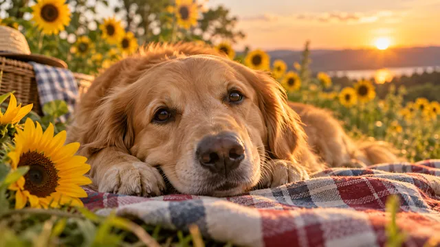 4K 16:9 widescreen desktop wallpaper, cute pet photo, quietly resting, golden face on a picnic blanket, sunflower bokeh, soft grin, sweet pet photo that makes you smile, cozy, loyal…